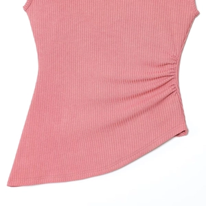 Pink ribbed knit tank top with stylish side ruching and asymmetrical hemline detail