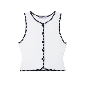 Women French Contrast Scalloped Edge Knit Vest Sleeveless Button Down Cropped Top Elegant Casual Round Neck Knitwear