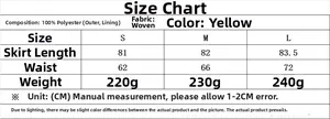 Size guide table for high waist yellow mesh skirt with polyester fabric specifications
