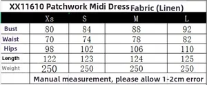 Size chart detail for linen midi dress showing measurements from XS to L in centimeters