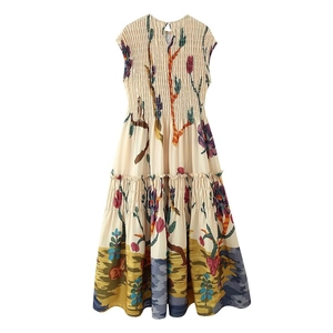 Vintage floral smocking sleeveless tiered midi dress with rustic garden tree prints