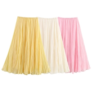 Women Elegant Pleated Midi Skirt Elastic High Waist A-Line Flowy Chiffon Look Solid Color Casual Party Fashion Skirt