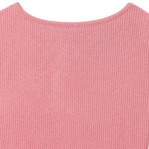 Pink ribbed knit vest top with a round neckline and fine textured vertical stitch details