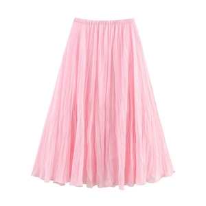 Detail of pink pleated maxi skirt showing fine mesh fabric texture and elastic waistband