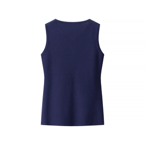 Detail of navy blue sleeveless knit top showing crew neck and ribbed texture
