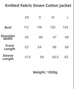 Detailed size chart for the stand collar knitted cotton jacket with weight measurements