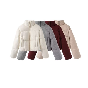 Women Casual Stand Collar Knitted Puffer Jacket Zipper Quilted Cotton Padded Warm Short Outerwear Coat For Winter Autumn
