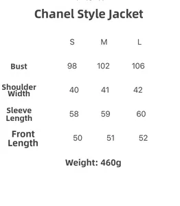 Detailed size chart for elegant tweed jacket showing bust, shoulder, and sleeve measurements