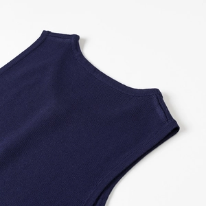 Detailed close-up of navy blue knit fabric texture and high-quality stitched neckline