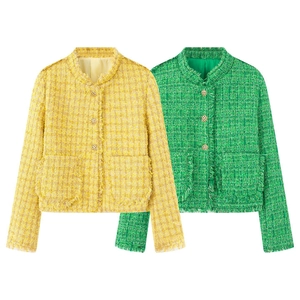 Women Elegant Tweed Jacket Round Neck Fringe Trim Button Down Sophisticated Office Outerwear Long Sleeve Short Coat