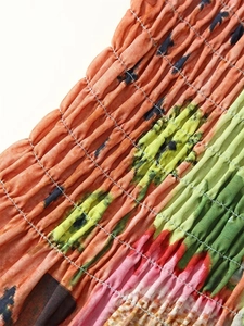 Detail of smocking elastic gathers on a colorful abstract print sleeveless summer dress