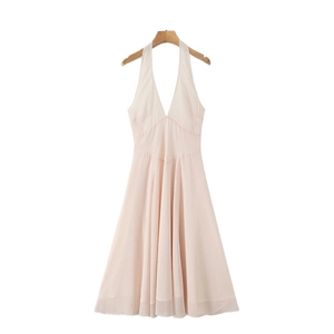 Elegant slim fit halter V-neck dress in champagne pink with pleated chiffon draping