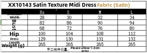 Size chart table for satin midi dress detailing bust, waist, and hip measurements in cm