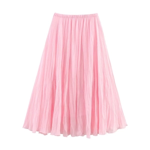 Elegant light pink pleated mesh A-line skirt with elastic waist for a feminine look