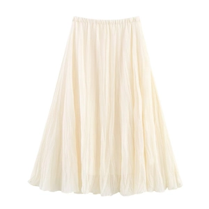 Elegant beige pleated mesh midi skirt featuring a high elastic waist and A-line silhouette