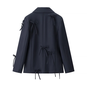 Navy blue blazer for women featuring decorative bow details and a loose-fit design