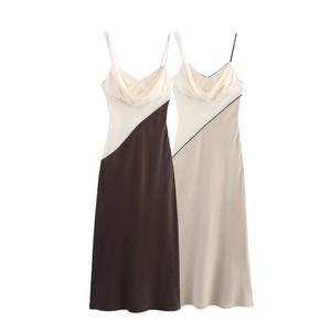 Women Asymmetric Cowl Neck Satin Patchwork Midi Dress Sexy Backless Strappy Color Block Bodycon Summer Party Elegant Dress