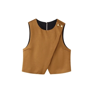 Women Asymmetric Satin Vest Top Round Neck Sleeveless Waistcoat Decorative Gold Buttons Crop Top For Casual Party Lady