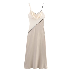 French slim fit colorblock midi slip dress with draped neckline and asymmetric straps
