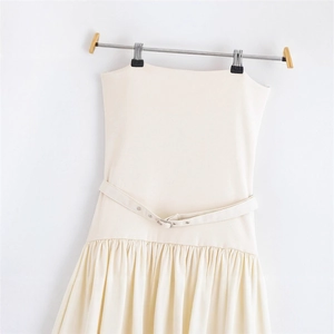 Elegant cream tube dress with adjustable belted waist and pleated hem for a slim fit