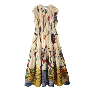 Women's summer sleeveless midi dress with colorful floral print and smocked bodice