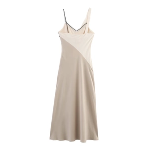 Minimalist summer satin slip dress with asymmetric neckline and chic beige brown patchwork