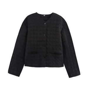 Detail shot of black quilted jacket featuring round neck and square pattern texture
