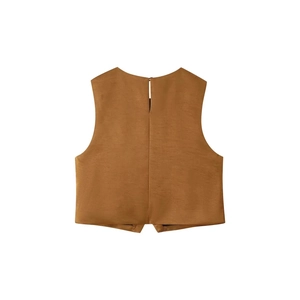 Women's 2025 brown satin sleeveless crop top with asymmetric lapel and back slit detail