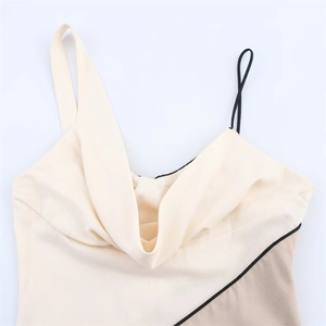 Women's trendy patchwork slip dress with irregular neckline and contrast piping