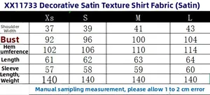 Detailed size chart for the knot satin shirt showing XS to L dimensions in centimeters