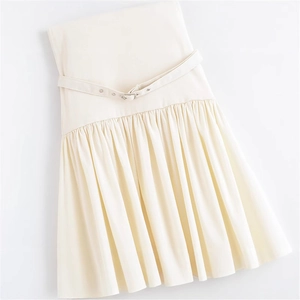 Elegant cream high-waisted pleated midi skirt with matching belt and silver buckle
