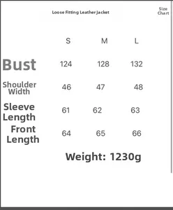 Guide des tailles détaillé pour veste en cuir ample avec mesures pour les tailles S, M, L