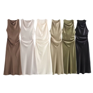 Detail showing various colors of sleeveless cowl neck satin midi dresses with side ruching