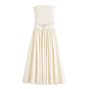Elegant off-white strapless maxi dress with pleated skirt and matching waist belt