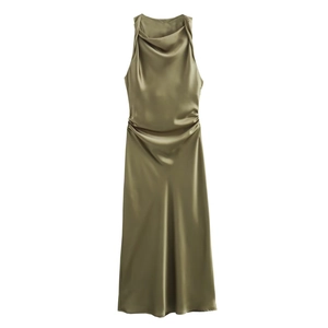 Detail of olive green satin midi dress showing elegant cowl neck and waist pleats