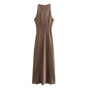 Elegant mocha brown satin midi dress with backless halter design and a slim fit silhouette