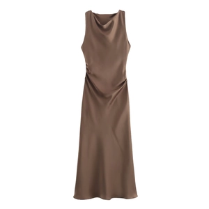 Elegant chocolate satin midi dress with a cowl neck and sleeveless design for a chic look