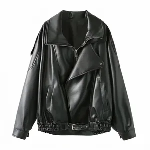 Veste Moto en Similicuir Large pour Femme Noir Oversize Manteau Biker PU Avec Ceinture Et Fermeture Éclair Asymétrique Top