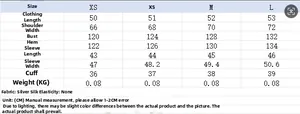Detailed size chart for sheer organza hooded jacket showing measurements in centimeters
