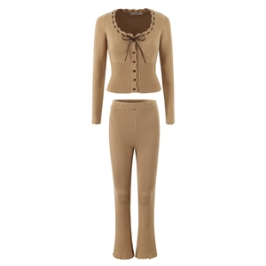 Abbigliamento Maglia Donna Stile Europeo Bordo Ondulato Cardigan Collo Annodato E Pantaloni Svasati A Coste Tinta Unita Autunno