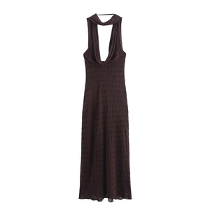 Robe Maxi à Pois pour Femmes Col Bénitier Dos Nu Élégante Streetwear Style Vacances Robe Longue Avec Écharpe