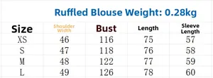 Size chart for women's ruffle shirt and skirt set listing weights and measurements