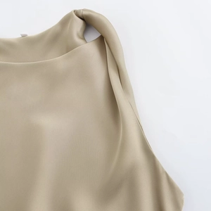 Detail view of khaki satin midi dress neck showing smooth silk texture and clean stitching