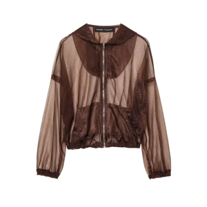 Detail of brown sheer organza hooded jacket featuring metallic shine and silver zipper