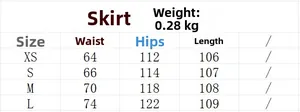 Size guide for high-waisted skirt showing waist, hip, and length measurements in cm