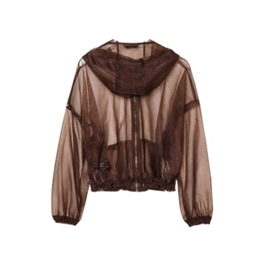 Macro view of sheer brown organza hooded jacket showing metallic zipper and mesh texture
