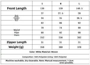 Detailed size chart for white backless pleated dress with measurements and material specs