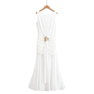 Women Sexy Backless Maxi Dress Sleeveless Ruched Waist With Gold Flower Buckle Elegant Polyester Evening Party Long Dress
