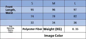 Size chart for striped casual pants detailing length, waist and leg opening in centimeters