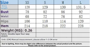 Size guide table for floral maxi dress with XS-L measurements and fabric specifications